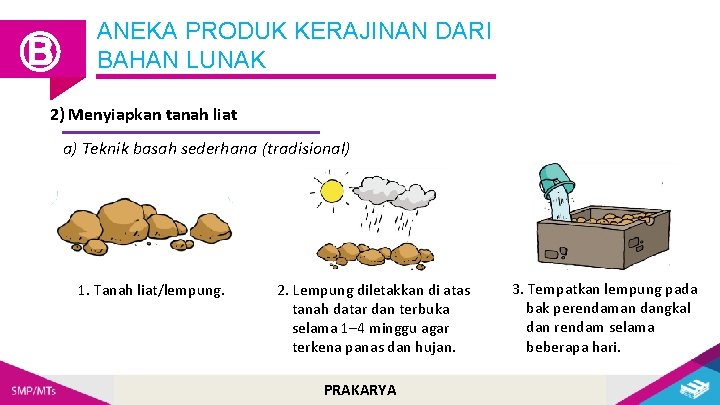 Ⓑ ANEKA PRODUK KERAJINAN DARI BAHAN LUNAK 2) Menyiapkan tanah liat a) Teknik basah