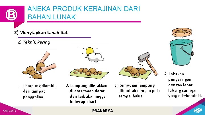 Ⓑ ANEKA PRODUK KERAJINAN DARI BAHAN LUNAK 2) Menyiapkan tanah liat c) Teknik kering