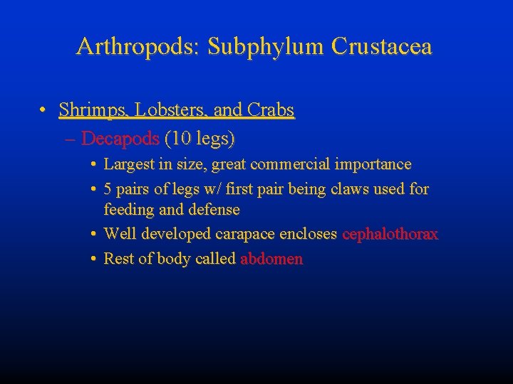 Arthropods: Subphylum Crustacea • Shrimps, Lobsters, and Crabs – Decapods (10 legs) • Largest