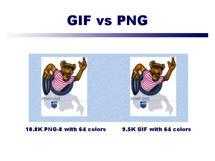 GIF vs PNG Comparison of JPEG and PNG 10. 8 K PNG-8 with 64