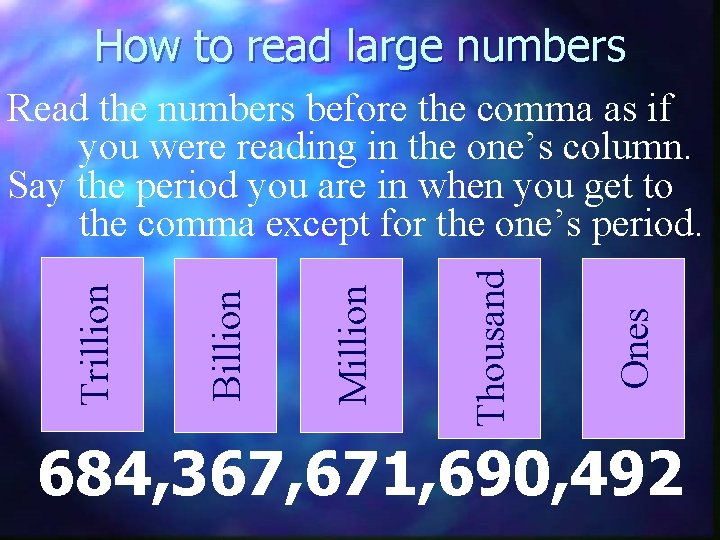 How to read large numbers Ones Thousand Million Billion Trillion Read the numbers before