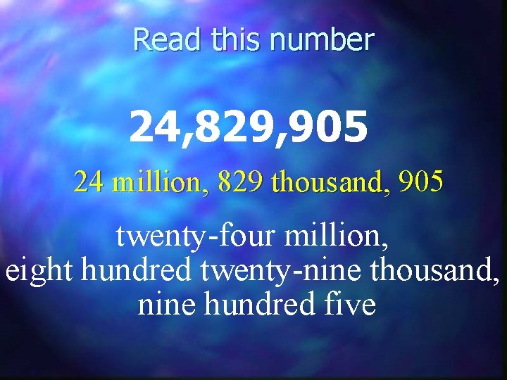 Read this number 24, 829, 905 24 million, 829 thousand, 905 twenty-four million, eight