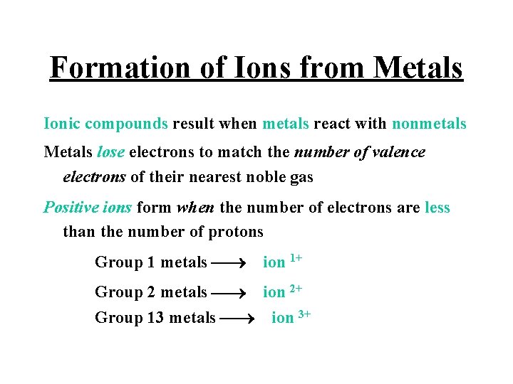 Formation of Ions from Metals Ionic compounds result when metals react with nonmetals Metals