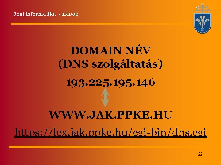 Jogi informatika - alapok DOMAIN NÉV (DNS szolgáltatás) 193. 225. 195. 146 WWW. JAK.