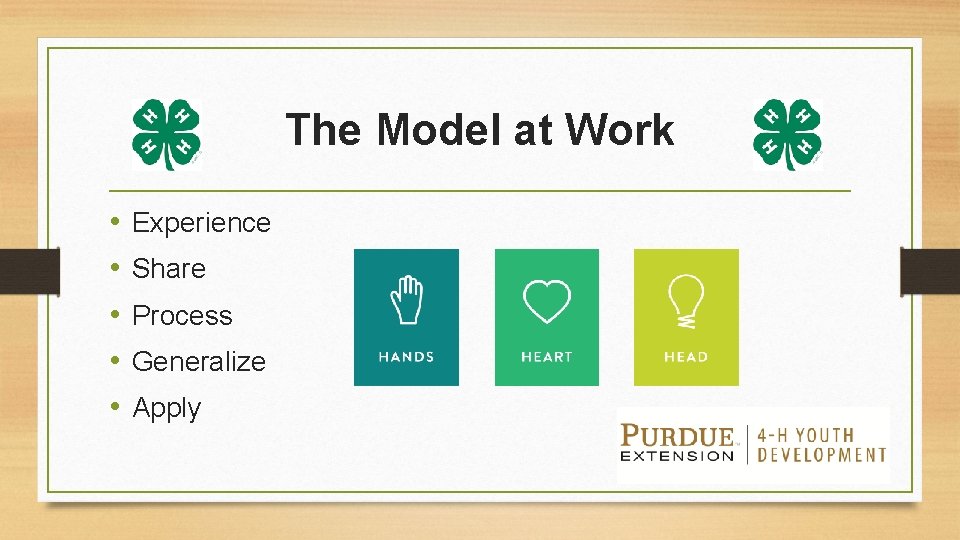 The Model at Work • • • Experience Share Process Generalize Apply 