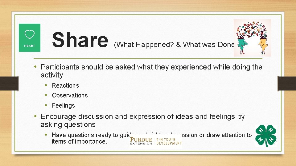 Share (What Happened? & What was Done? ) • Participants should be asked what