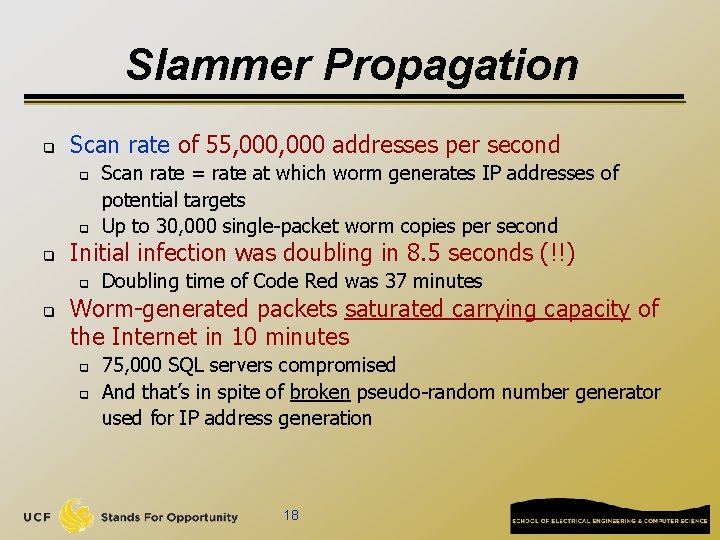 Slammer Propagation q Scan rate of 55, 000 addresses per second q q q