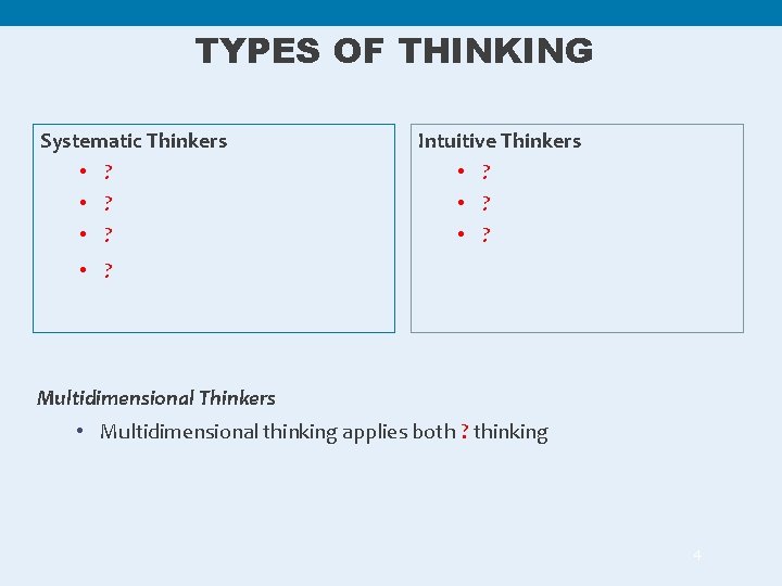 TYPES OF THINKING Systematic Thinkers • ? Intuitive Thinkers • ? Multidimensional Thinkers •