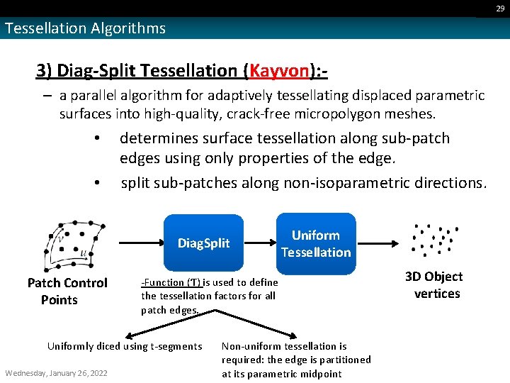 29 Tessellation Algorithms 3) Diag-Split Tessellation (Kayvon): – a parallel algorithm for adaptively tessellating