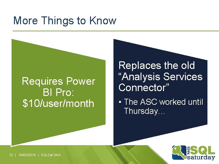 More Things to Know Requires Power BI Pro: $10/user/month 32 | 04/02/2016 | SQLSat