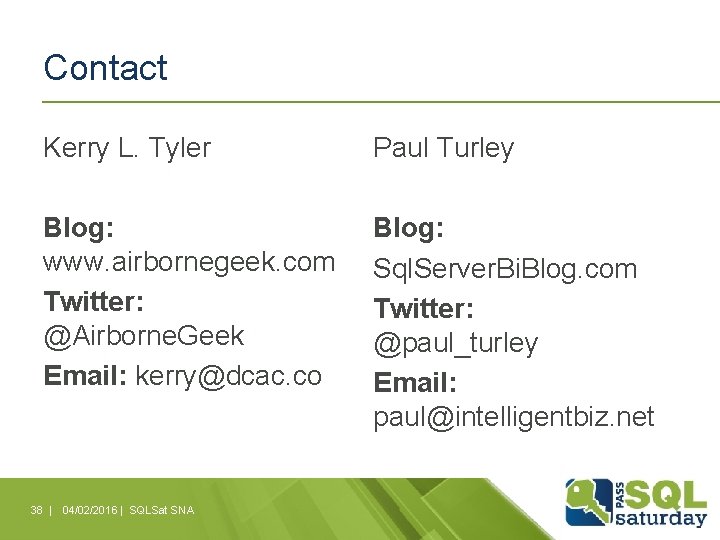 Contact Kerry L. Tyler Paul Turley Blog: www. airbornegeek. com Twitter: @Airborne. Geek Email: