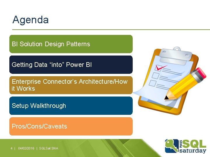 Agenda BI Solution Design Patterns Getting Data “into” Power BI Enterprise Connector’s Architecture/How it