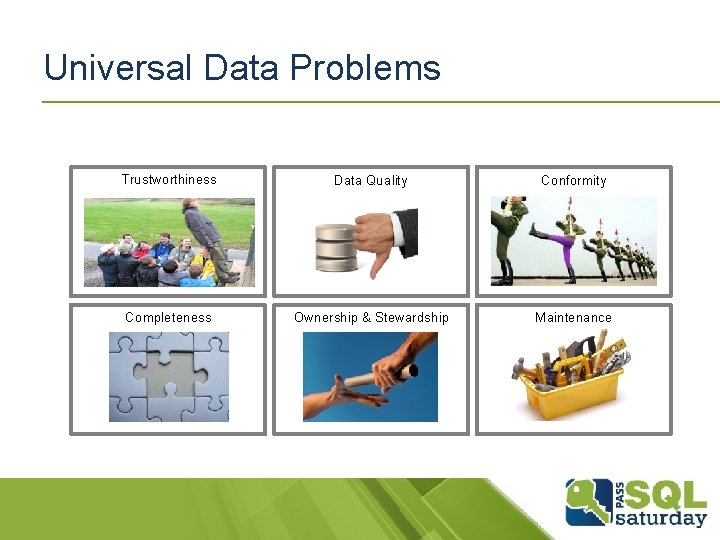 Universal Data Problems Trustworthiness Data Quality Conformity Completeness Ownership & Stewardship Maintenance 