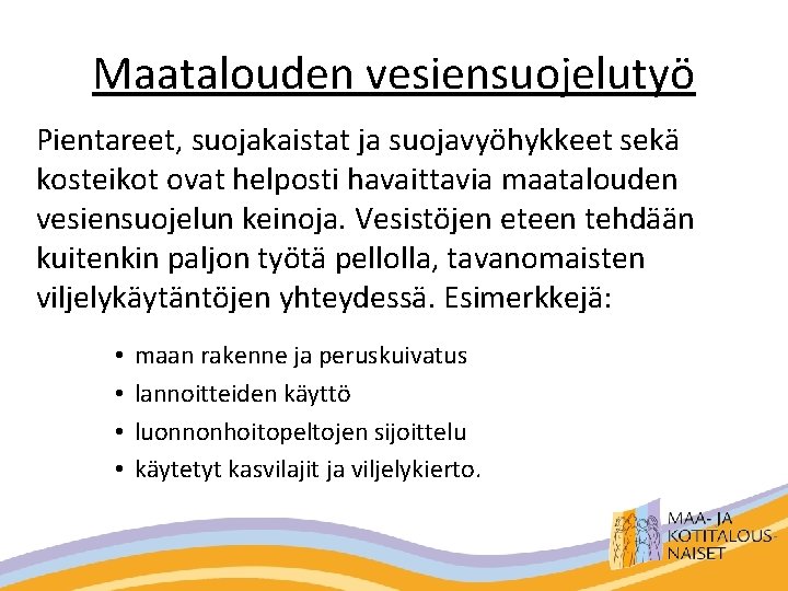 Maatalouden vesiensuojelutyö Pientareet, suojakaistat ja suojavyöhykkeet sekä kosteikot ovat helposti havaittavia maatalouden vesiensuojelun keinoja.