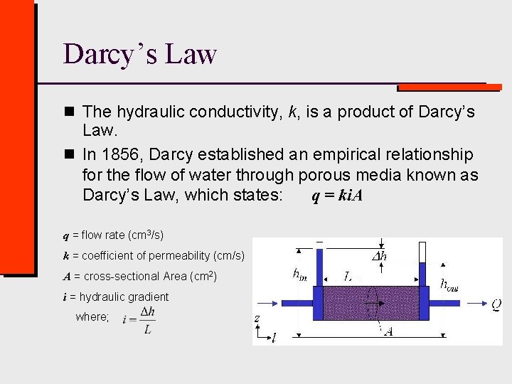 Darcy’s Law n The hydraulic conductivity, k, is a product of Darcy’s Law. n