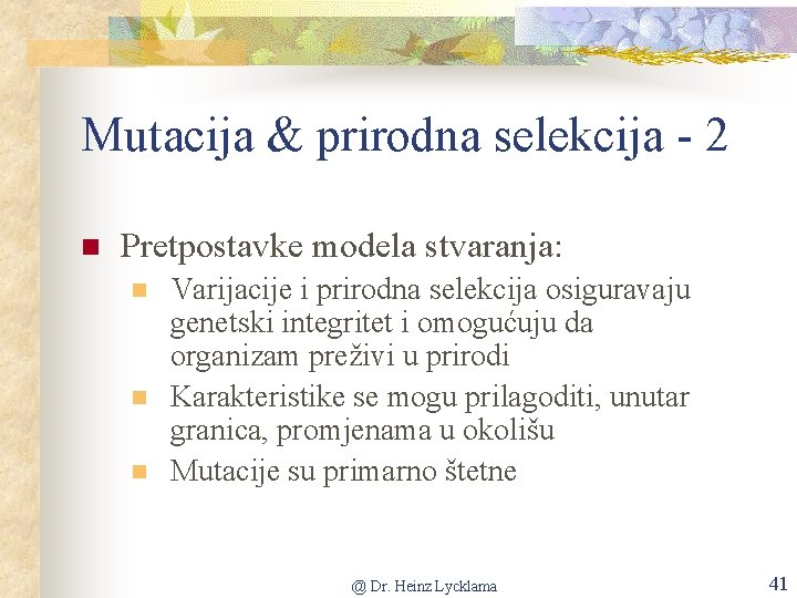 Mutacija & prirodna selekcija - 2 n Pretpostavke modela stvaranja: n n n Varijacije