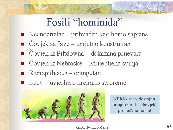 Fosili “hominida” n n n Neandertalac – prihvaćen kao homo sapiens Čovjek sa Jave