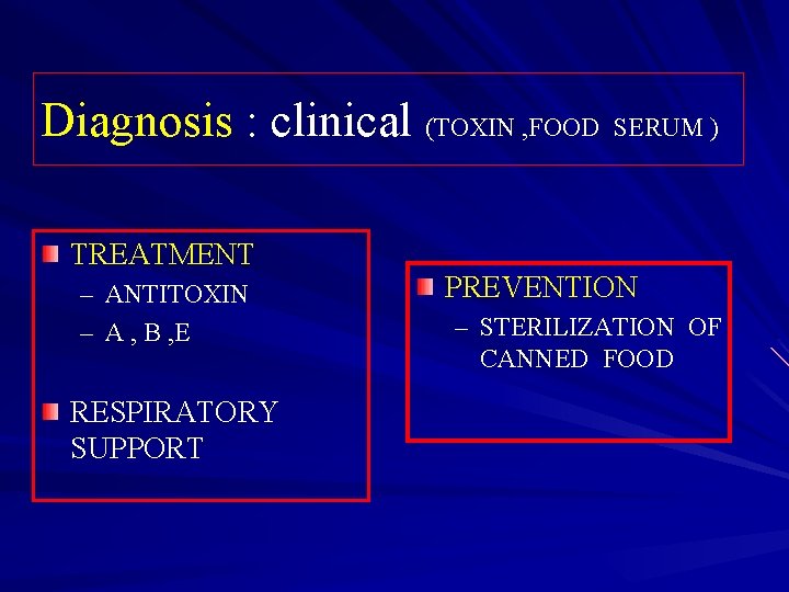 Diagnosis : clinical (TOXIN , FOOD SERUM ) TREATMENT – ANTITOXIN – A ,