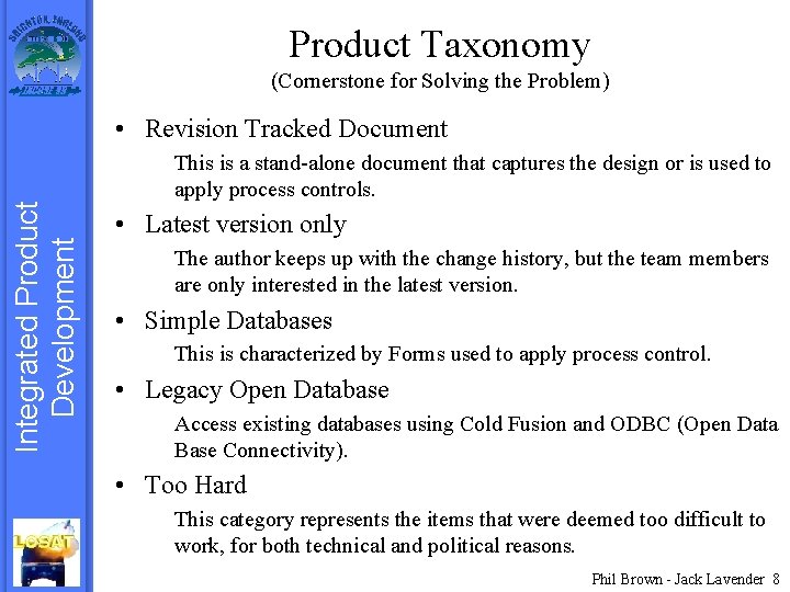 Product Taxonomy (Cornerstone for Solving the Problem) • Revision Tracked Document Integrated Product Development