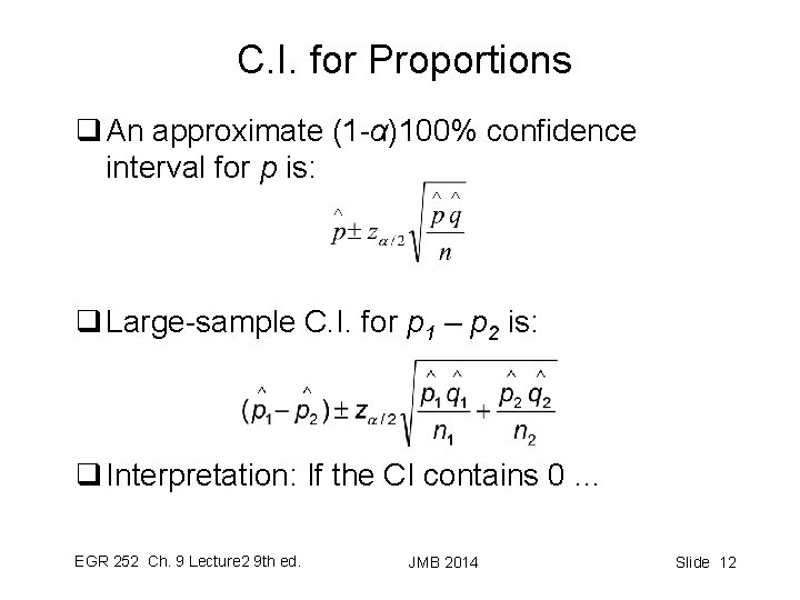 C. I. for Proportions q An approximate (1 -α)100% confidence interval for p is:
