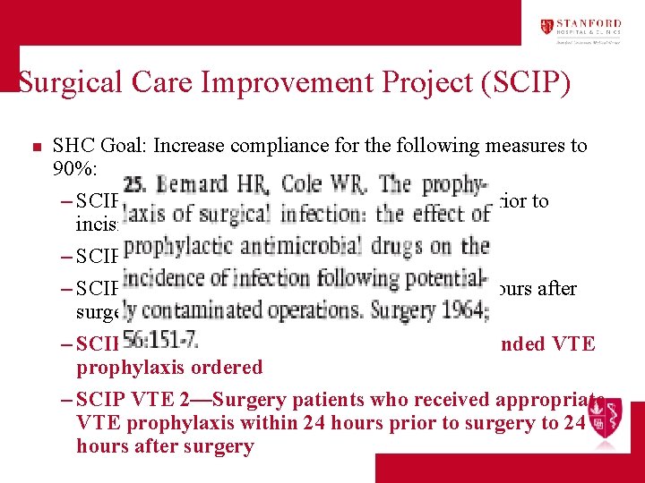 Surgical Care Improvement Project (SCIP) n SHC Goal: Increase compliance for the following measures