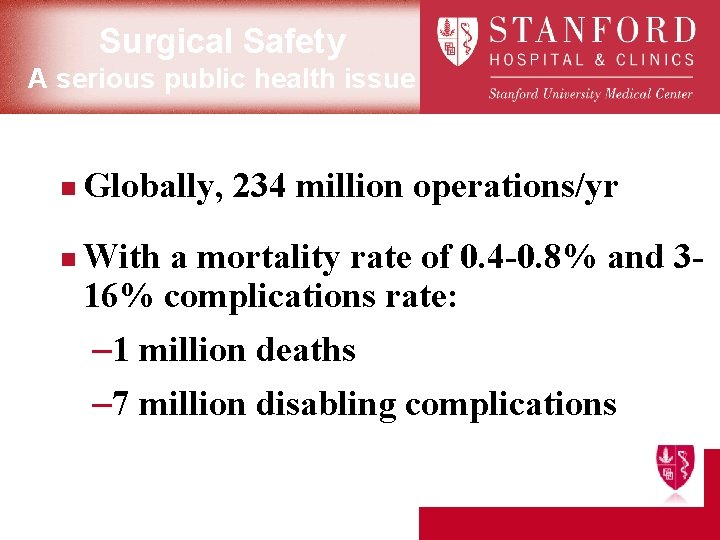 Surgical Safety A serious public health issue n n Globally, 234 million operations/yr With