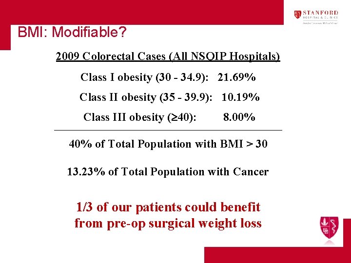 BMI: Modifiable? 2009 Colorectal Cases (All NSQIP Hospitals) Class I obesity (30 - 34.