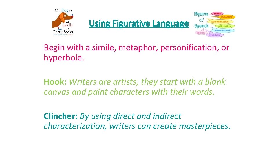 Using Figurative Language Begin with a simile, metaphor, personification, or hyperbole. Hook: Writers are