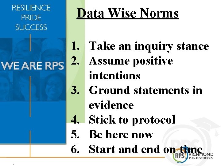 Data Wise Norms 1. Take an inquiry stance 2. Assume positive intentions 3. Ground