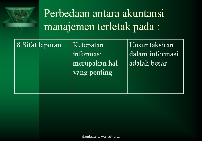 Perbedaan antara akuntansi manajemen terletak pada : 8. Sifat laporan Ketepatan informasi merupakan hal