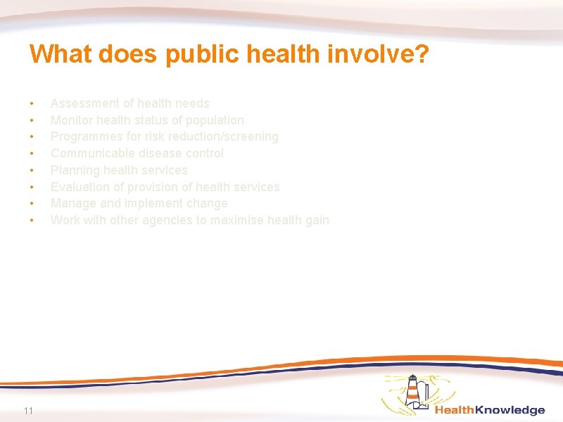 What does public health involve? • • 11 Assessment of health needs Monitor health