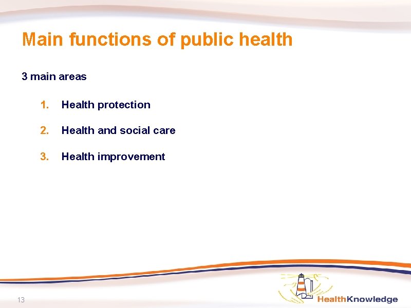 Main functions of public health 3 main areas 13 1. Health protection 2. Health