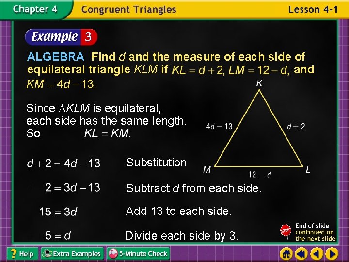 ALGEBRA Find d and the measure of each side of equilateral triangle KLM if