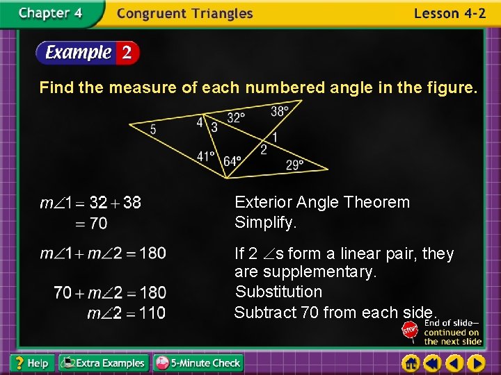 Find the measure of each numbered angle in the figure. Exterior Angle Theorem Simplify.