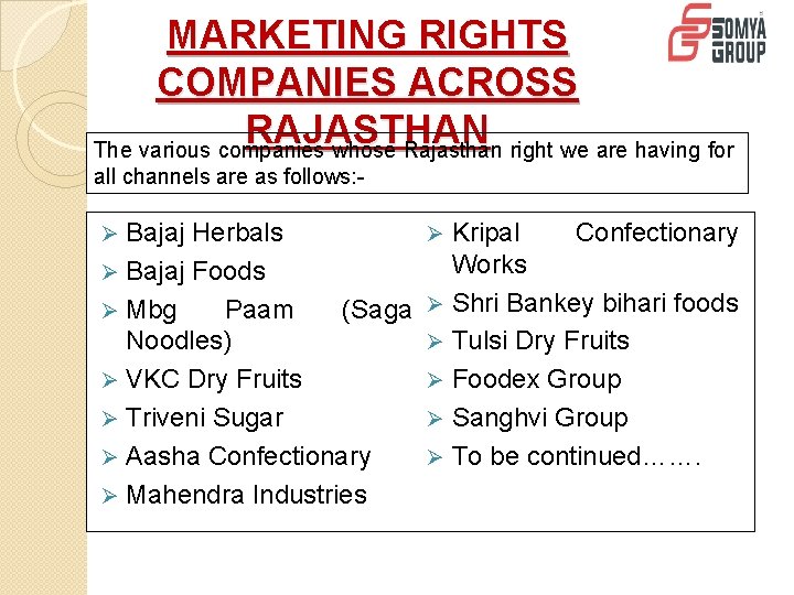 MARKETING RIGHTS COMPANIES ACROSS RAJASTHAN The various companies whose Rajasthan right we are having