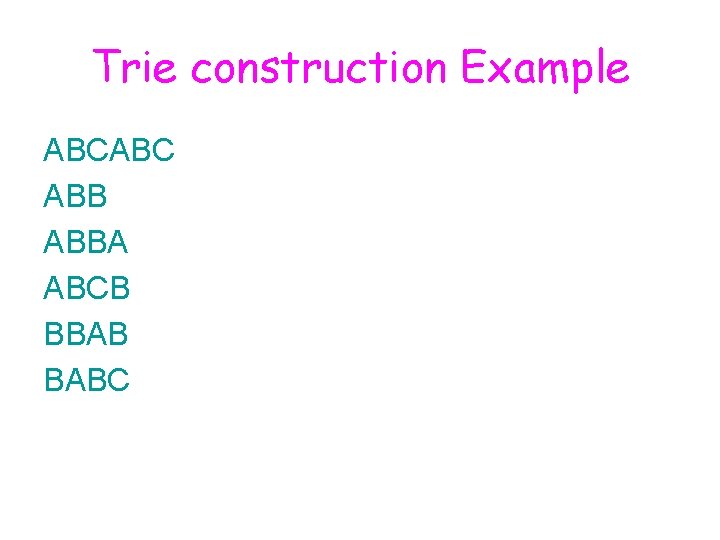 Trie construction Example ABCABC ABBA ABCB BBAB BABC 