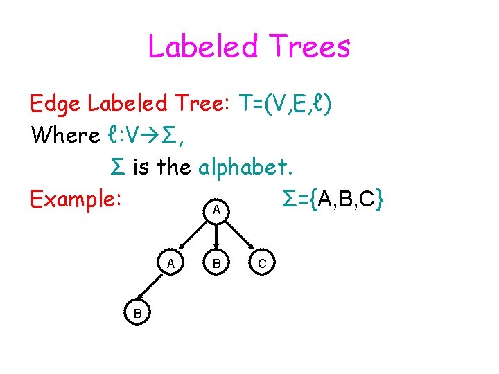 Labeled Trees Edge Labeled Tree: T=(V, E, ℓ) Where ℓ: V Σ, Σ is