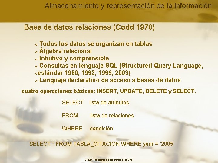 Almacenamiento y representación de la información Base de datos relaciones (Codd 1970) Todos los