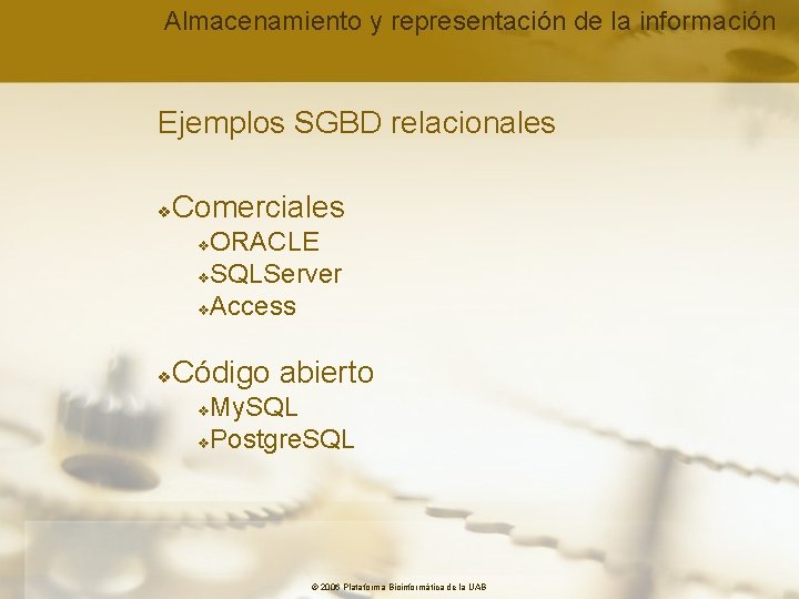 Almacenamiento y representación de la información Ejemplos SGBD relacionales v Comerciales ORACLE v. SQLServer