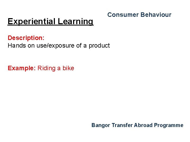 Experiential Learning Consumer Behaviour Description: Hands on use/exposure of a product Example: Riding a Experiential Learning Consumer Behaviour Description: Hands on use/exposure of a product Example: Riding a