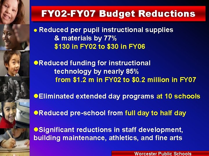 FY 02 -FY 07 Budget Reductions l Reduced per pupil instructional supplies & materials