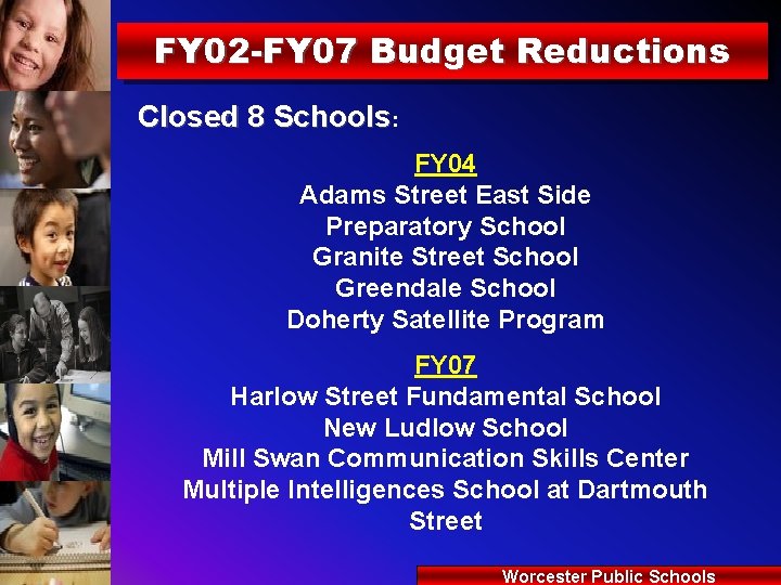 FY 02 -FY 07 Budget Reductions Closed 8 Schools: FY 04 Adams Street East