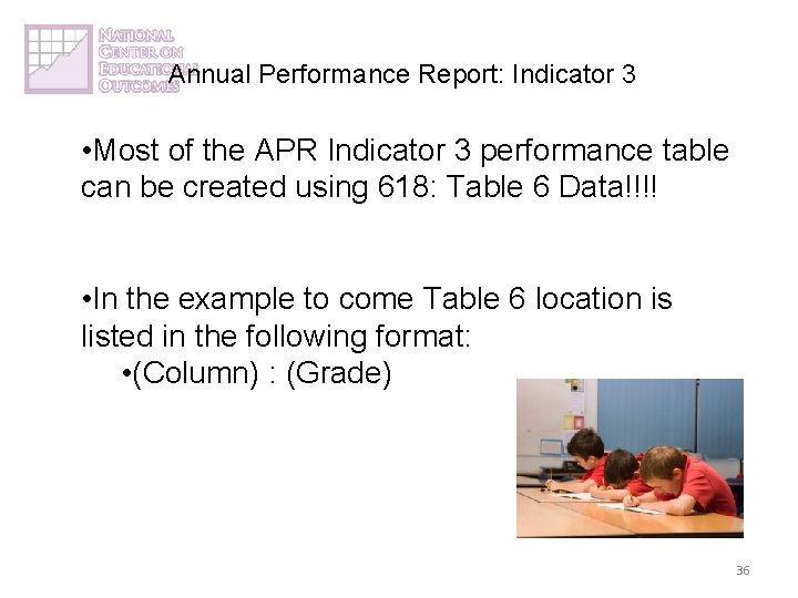 Annual Performance Report: Indicator 3 • Most of the APR Indicator 3 performance table
