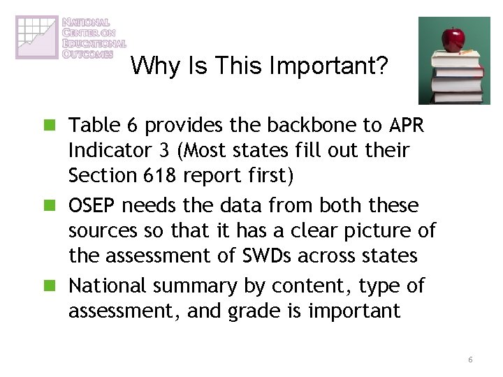 Why Is This Important? n Table 6 provides the backbone to APR Indicator 3
