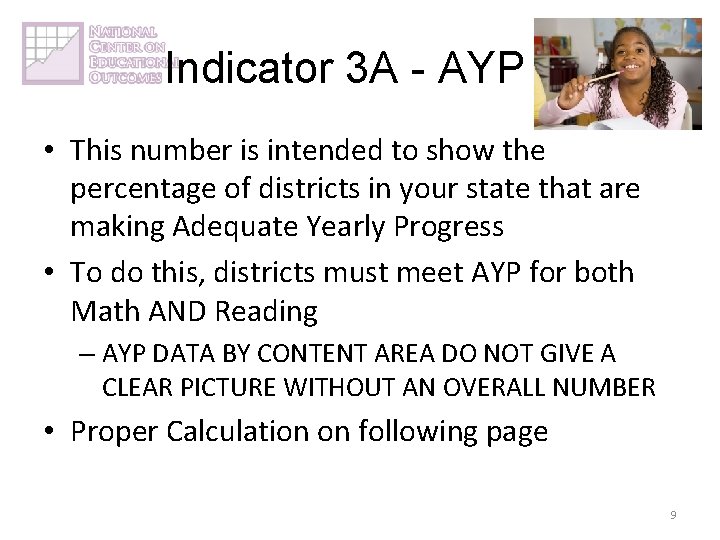 Indicator 3 A - AYP • This number is intended to show the percentage