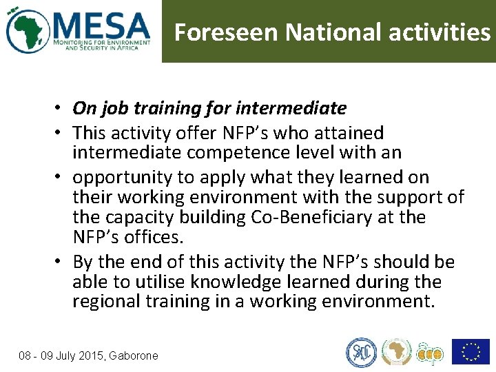 Foreseen National activities • On job training for intermediate • This activity offer NFP’s