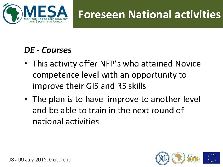 Foreseen National activities DE - Courses • This activity offer NFP’s who attained Novice