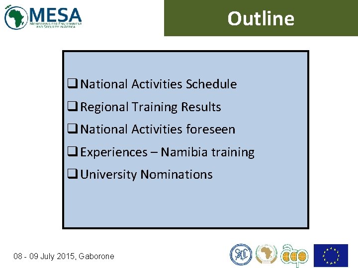 Outline q National Activities Schedule q Regional Training Results q National Activities foreseen q