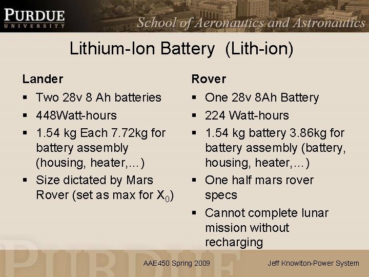 Lithium-Ion Battery (Lith-ion) Lander Rover § Two 28 v 8 Ah batteries § 448