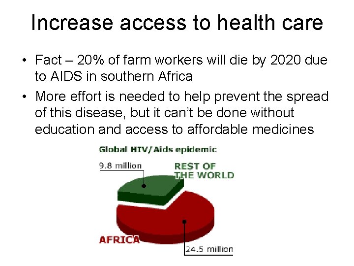 Increase access to health care • Fact – 20% of farm workers will die